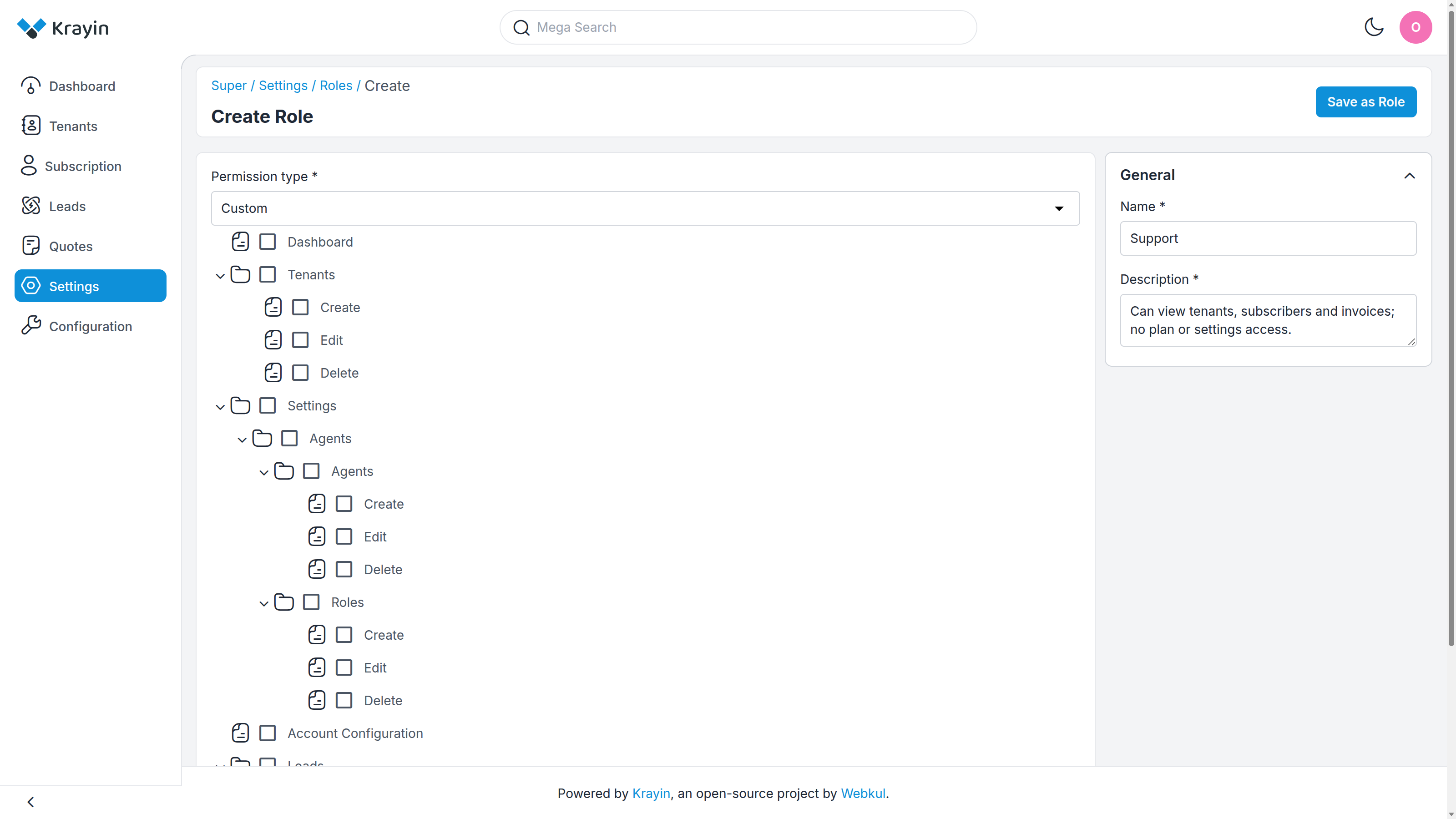 Create Role form with the permission tree
