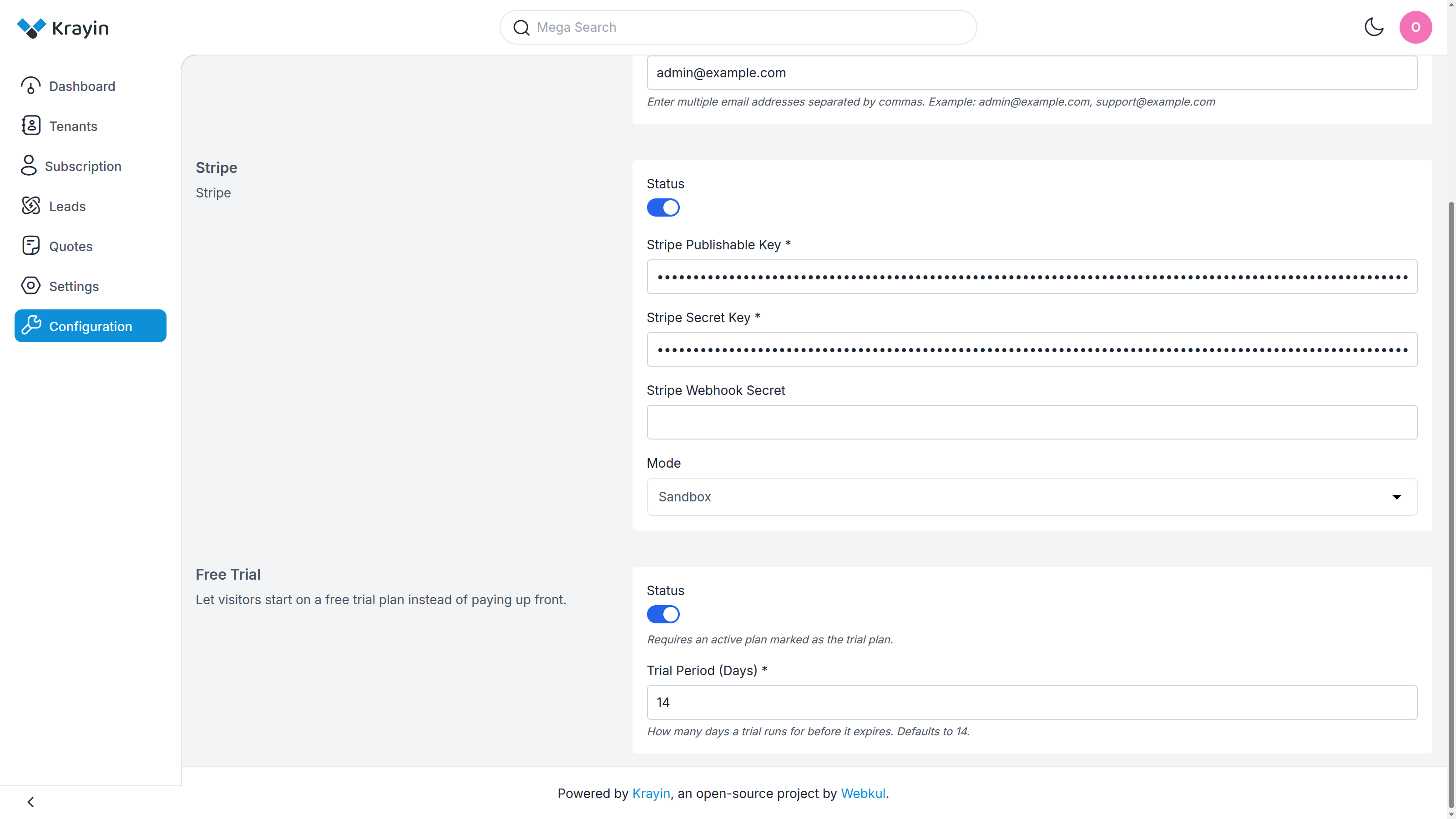 Free Trial configuration