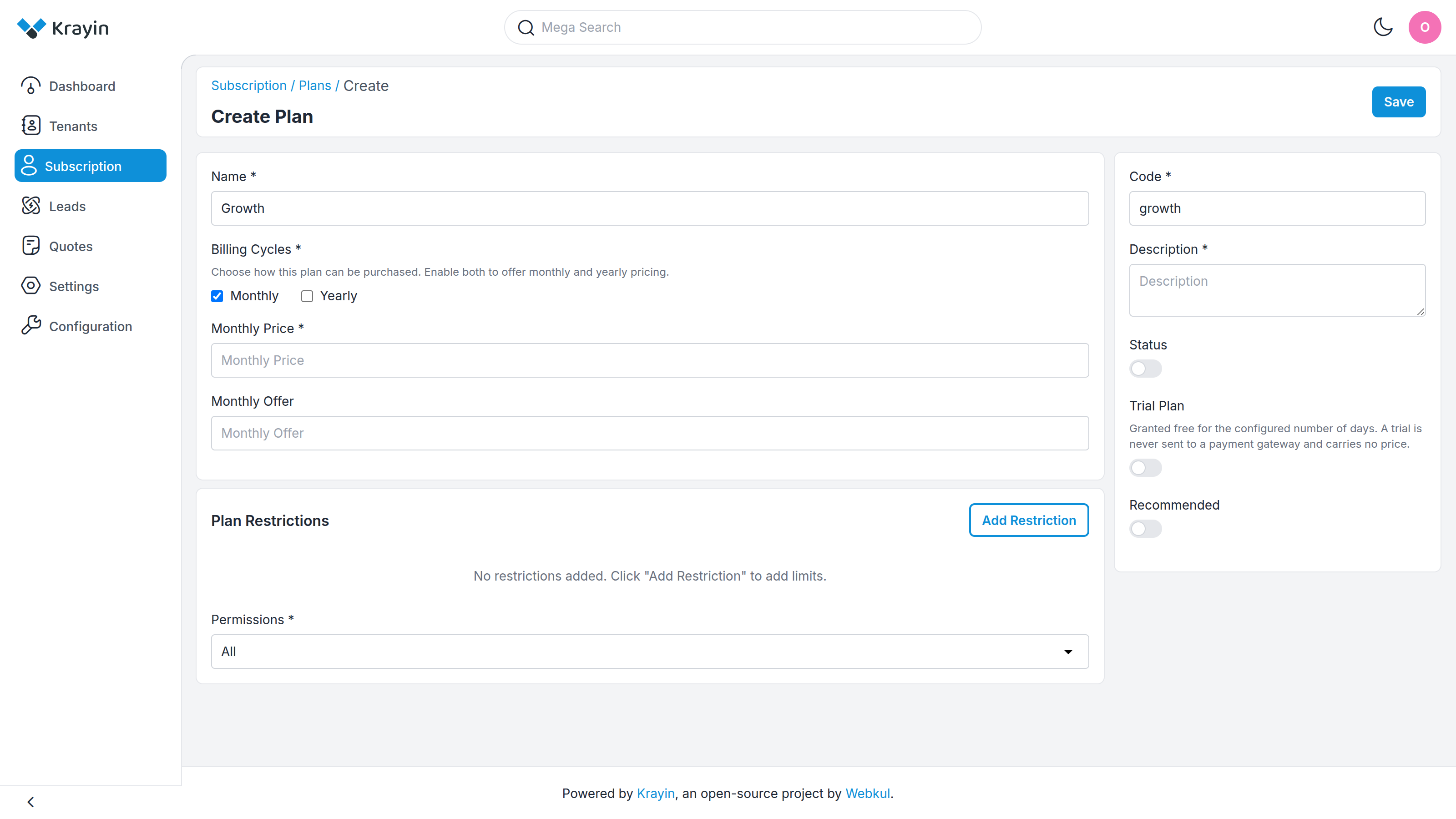 Create Plan form