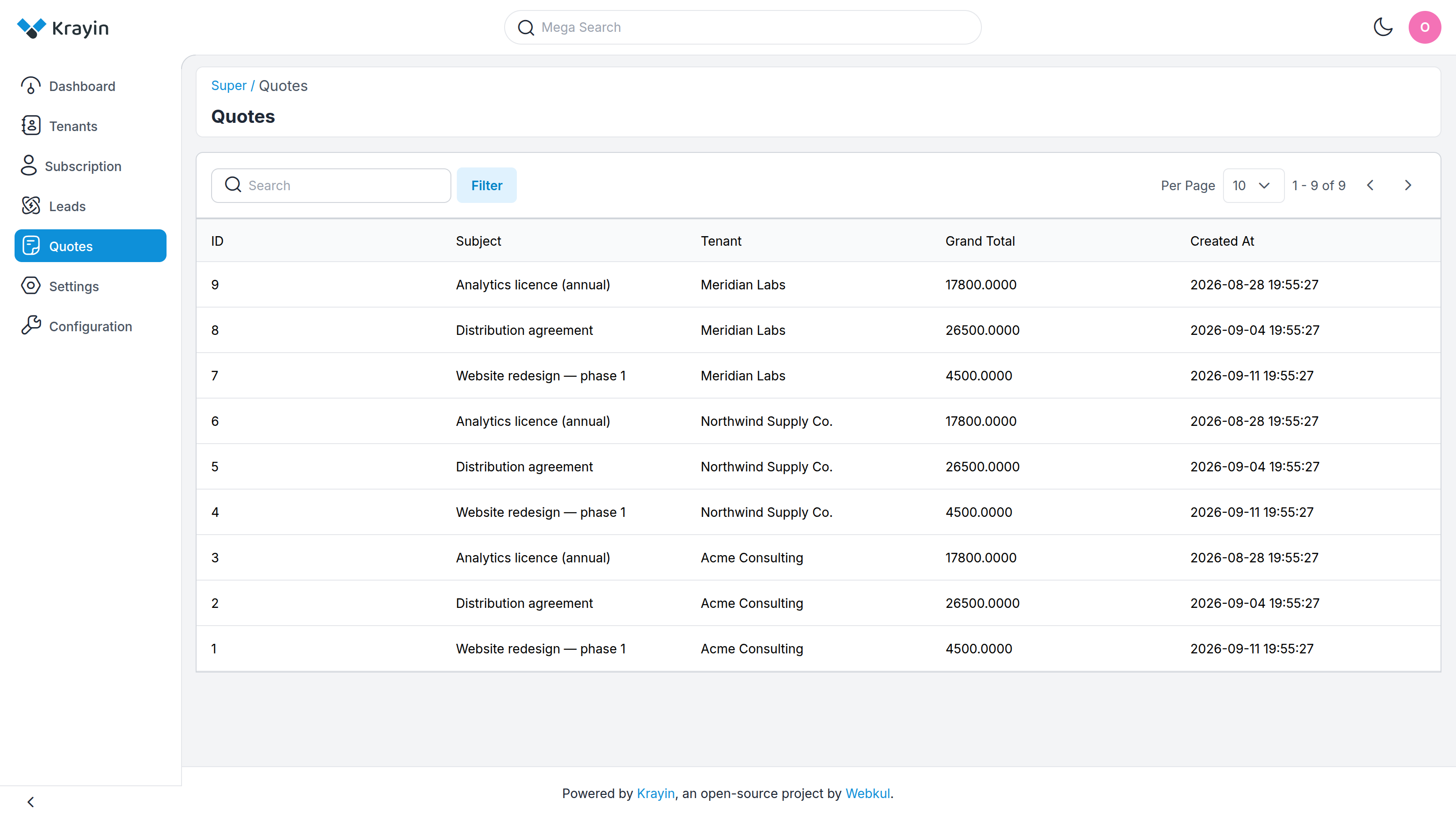 Cross-tenant quotes list
