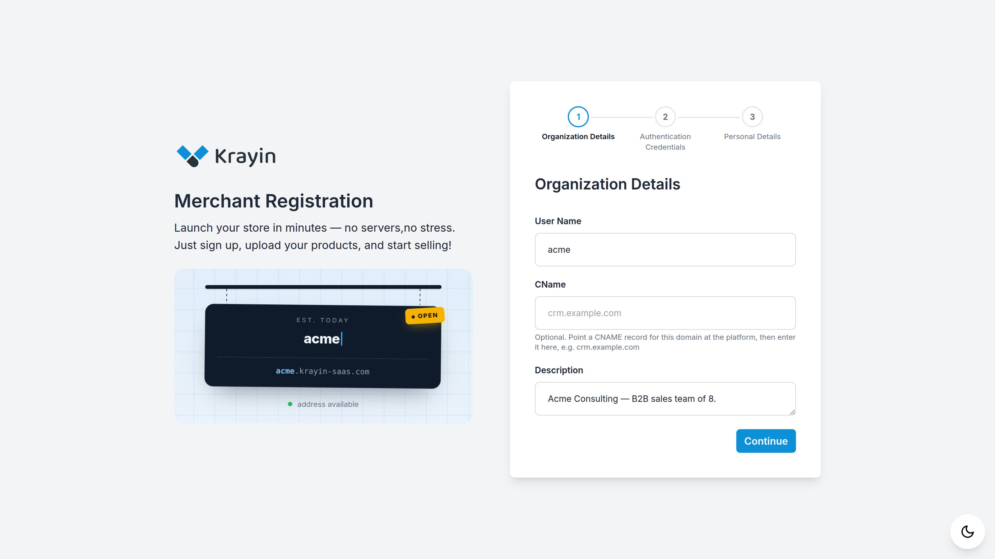 Registration step 1 — organization details
