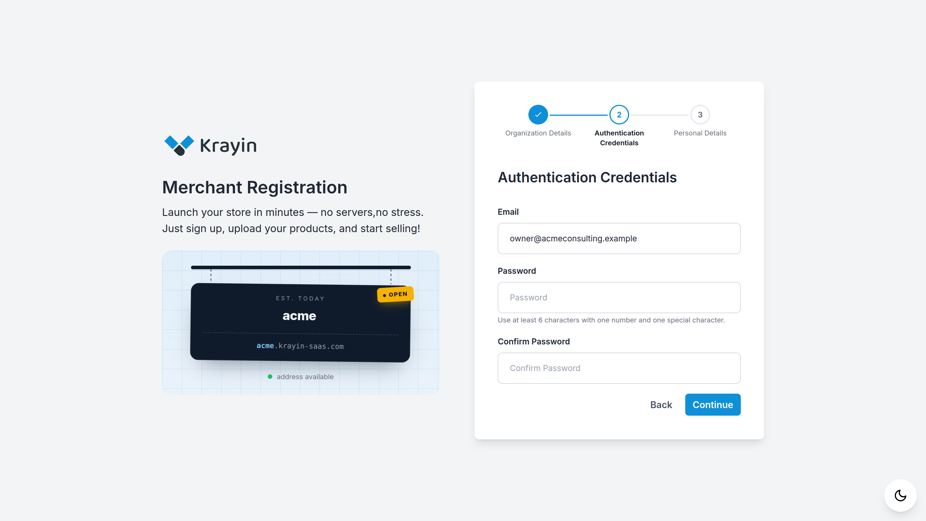 Registration step 2 — credentials