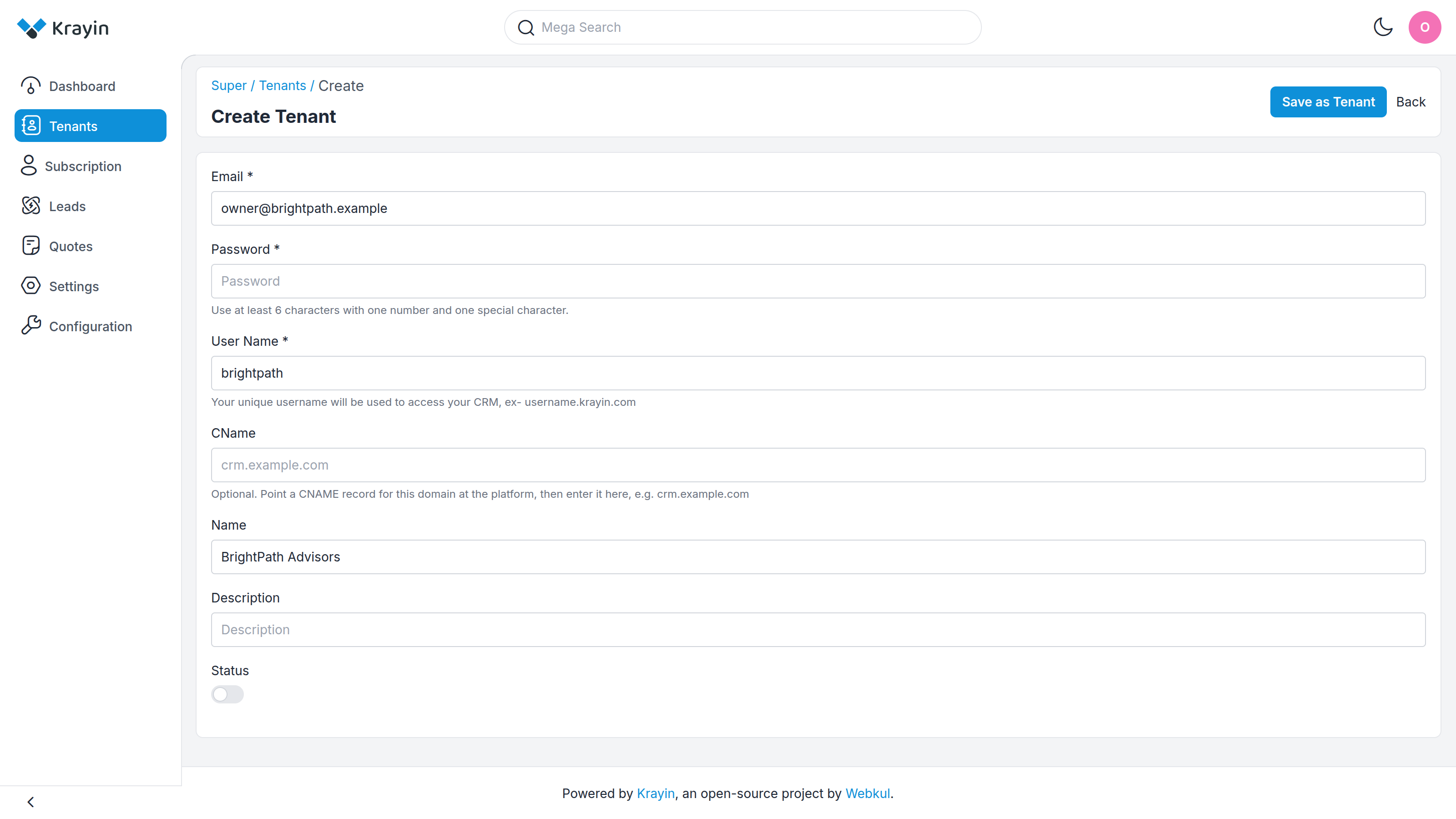 Create Tenant form